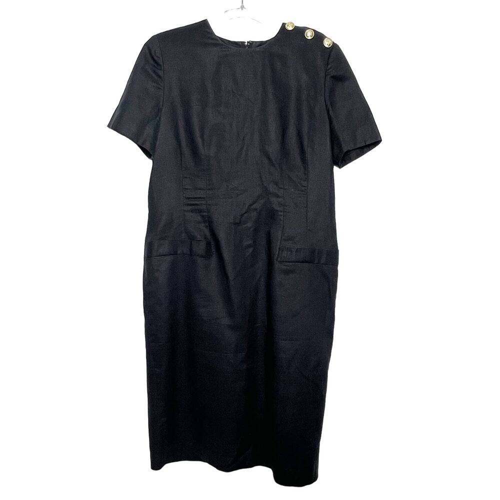 TALBOTS PETITES Maggy London Sheath Midi Dress Gold Button Shoulder Black Sz 10P